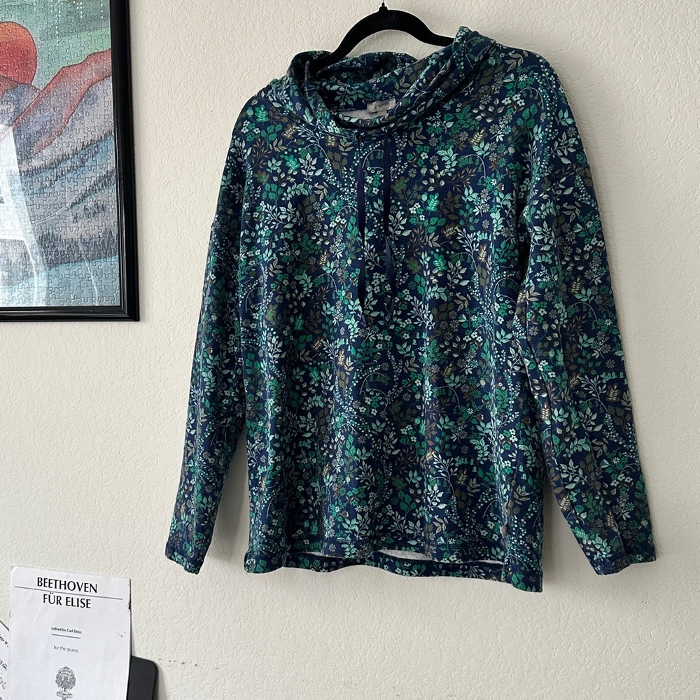 T by Talbots Navy Green Floral Cowl Neck Pullover Sweatshirt Cottagecore Sz M